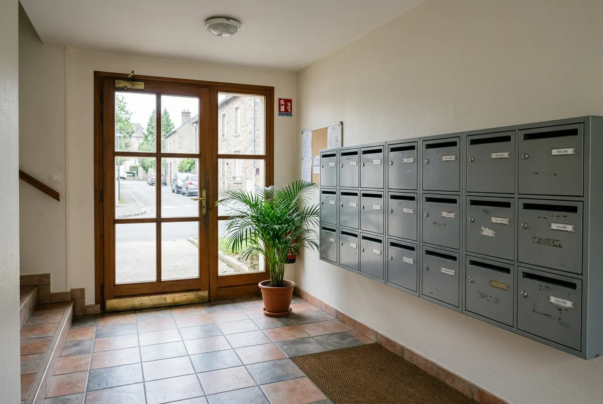 Hall d'immeuble avec les boîtes aux lettres des copropriétaires